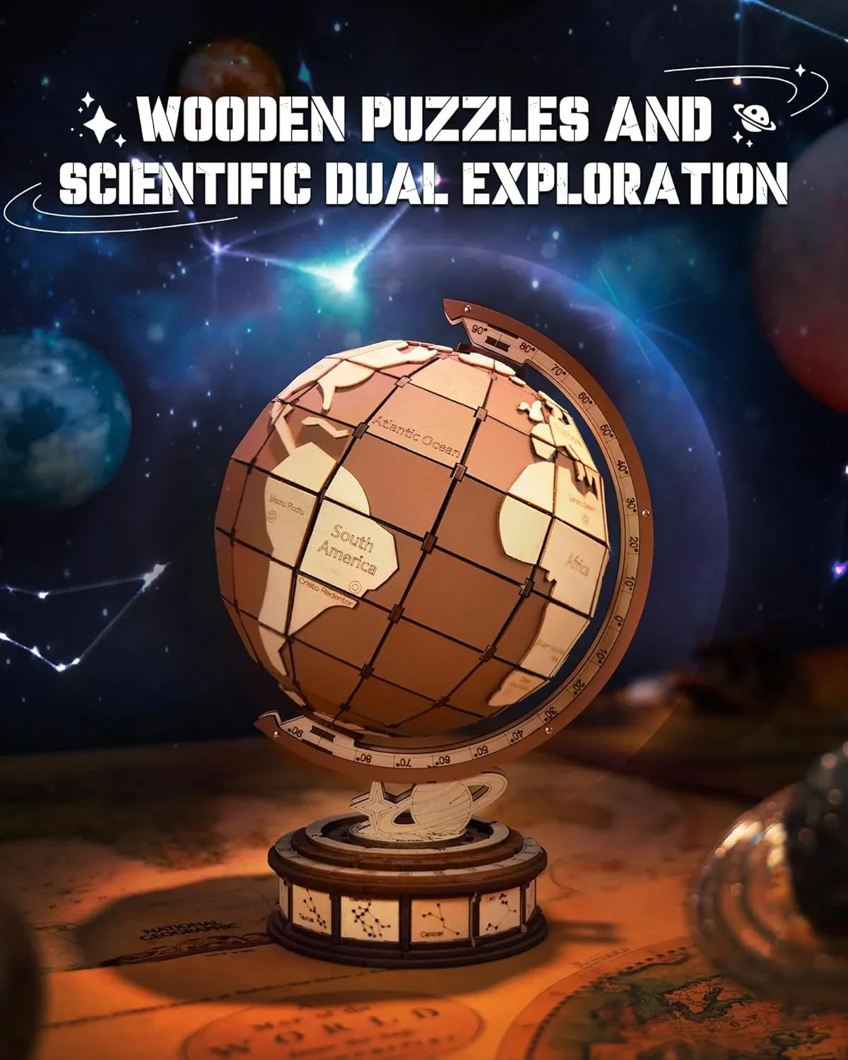 DIY Wooden Globe Puzzle Rotating World Map